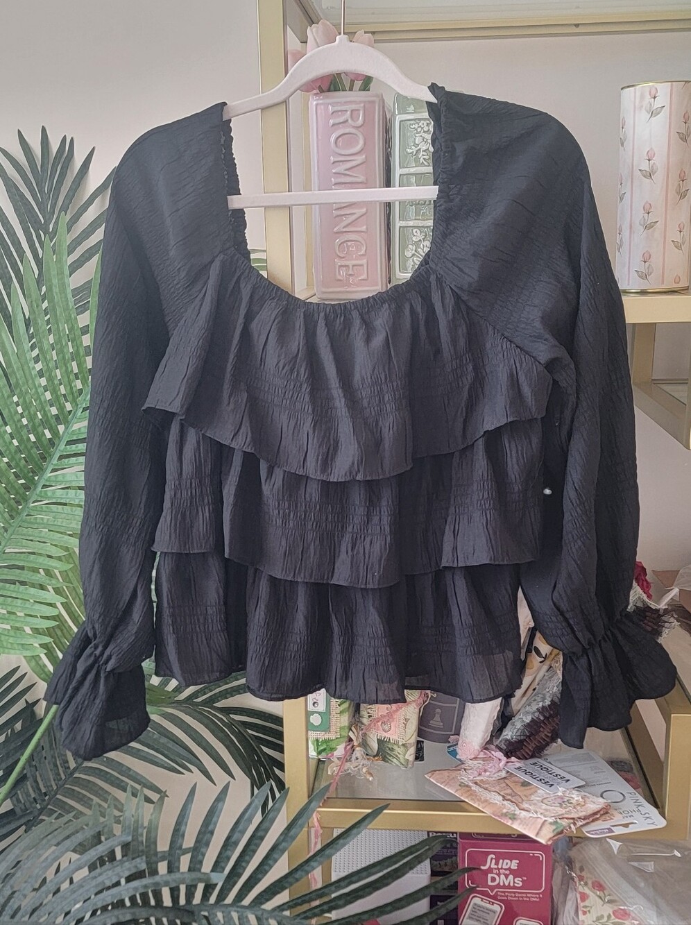 NWT -Lulus Black Tiered Ruffled Long Sleeve Top - Size L - Picture 5 of 6